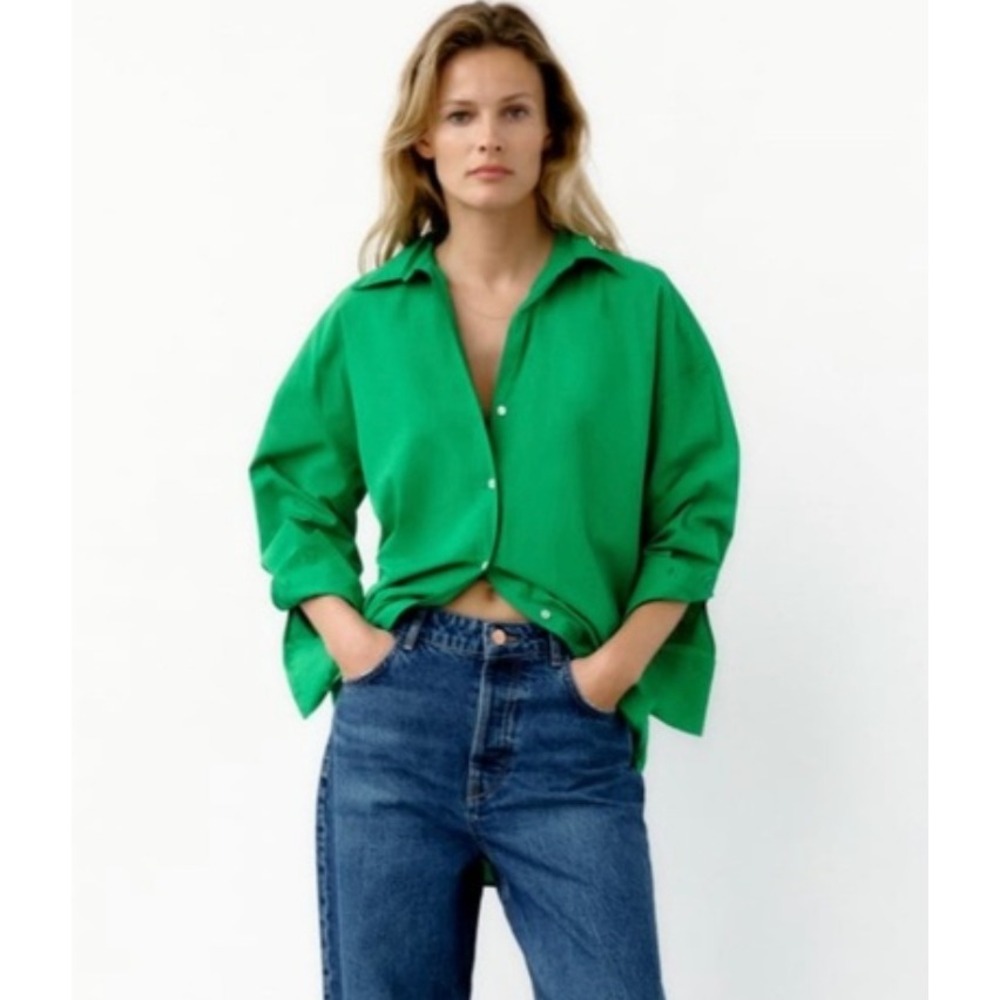 Zara Shirt Large 100% Linen Button Down Kelly Green Oversized 3/4 French Sleeve